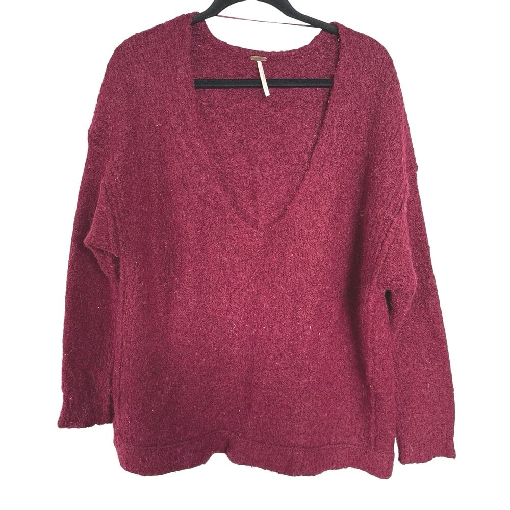 Free People Maroon Oversized Sweater Boho Soft Winter Deep V Slouchy Medium